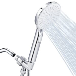high pressure 5-setting handheld shower head set with 6.5ft hose,water-stop button, bracket,built-in power wash, powerful shower spray against low pressure water supply pipeline, chrome