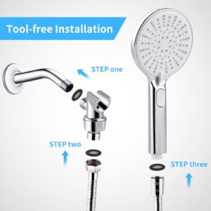 High Pressure 5-Setting Handheld Shower Head Set with 6.5ft Hose,Water-Stop Button, Bracket,Built-in Power Wash, Powerful Shower Spray against Low Pressure Water Supply Pipeline, Chrome