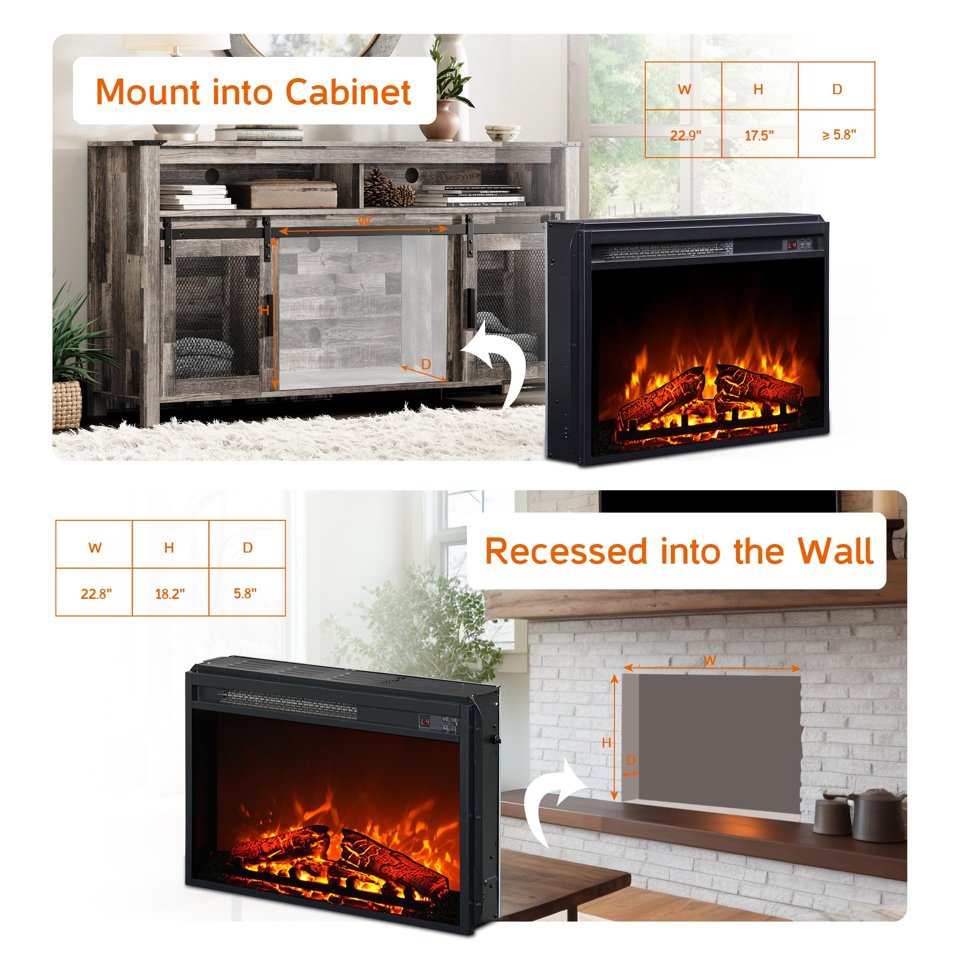 WAMPAT 23" Electric Fireplace Insert, Wall Mounted and TV Stand Cabinet Recessed Fireplace Heater with Remote & Panel Control, 4 Flame Brightness, 8H Timer, Overheating Protection, 1400W