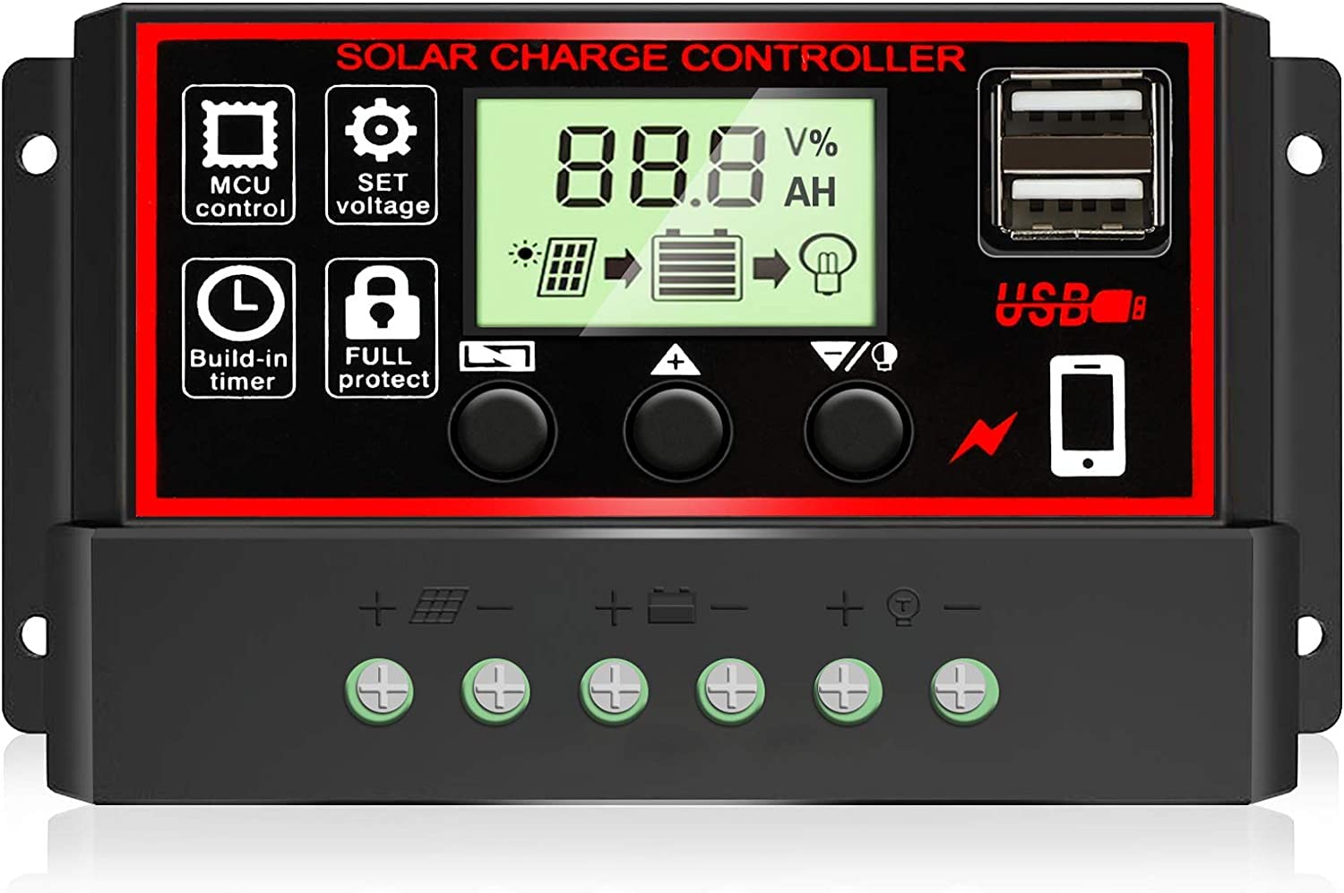 Himino 10A Solar Charge Controller,Solar Panel Battery Intelligent Regulator with USB Port Display 12V/24V (Black)