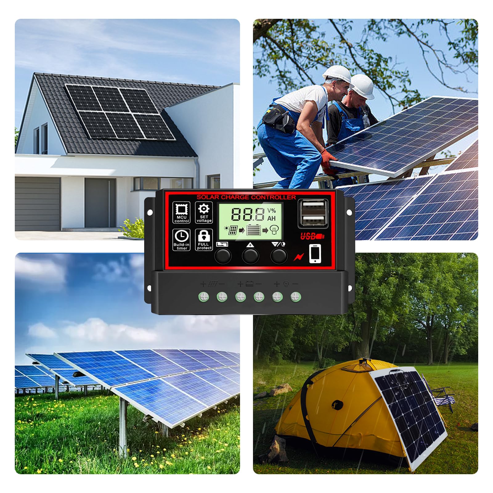 Himino 10A Solar Charge Controller,Solar Panel Battery Intelligent Regulator with USB Port Display 12V/24V (Black)