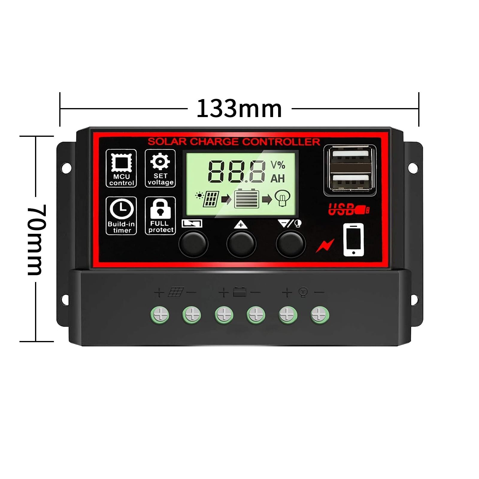 Himino 10A Solar Charge Controller,Solar Panel Battery Intelligent Regulator with USB Port Display 12V/24V (Black)