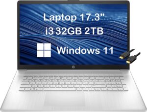 hp 17 laptop (17.3" hd+ anti-glare, 32gb ram, 2tb ssd, intel core i3-1125g4 (beat i5-1035g4)) home & business laptop, 9.5-hr long battery life, webcam, type-c, ist cable, win 11 home, silver