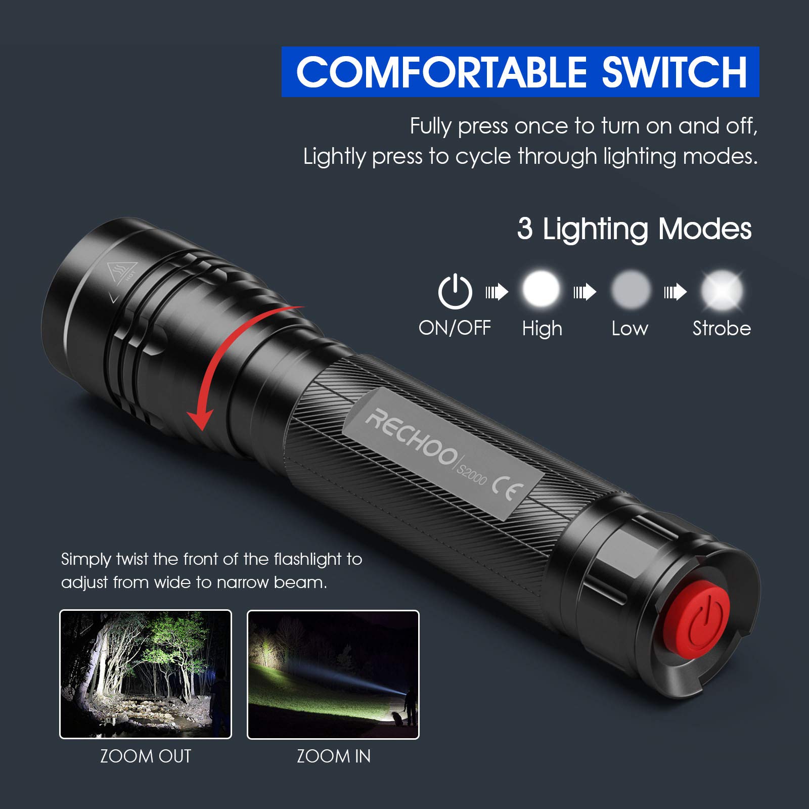 RECHOO Flashlights High Lumens 2 Pack, Super Bright 2000 Lumens Flash Light with 3 Modes, Zoomable, Water Resistant Led Flashlights for Home, Emergency, Camping, Hiking