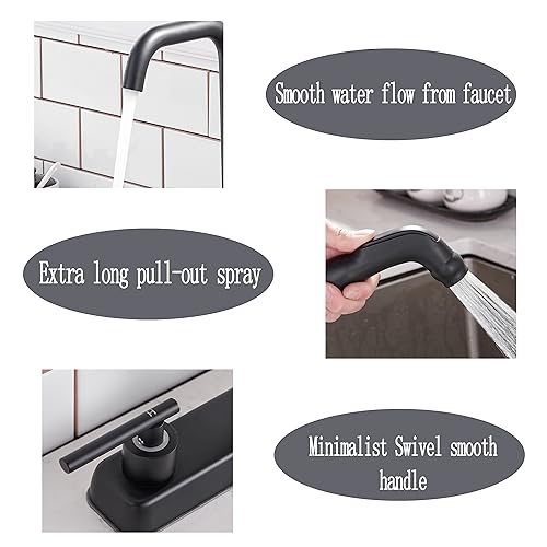 HOTIS HOME Kitchen Faucet with Sprayer, Matte Black 3 Or 4 Hole Kitchen Faucet, Stainless Steel Kitchen Faucets for Sink 3 Hole, High Arc 360 Swivel 2 Handle Kitchen Sink Faucet