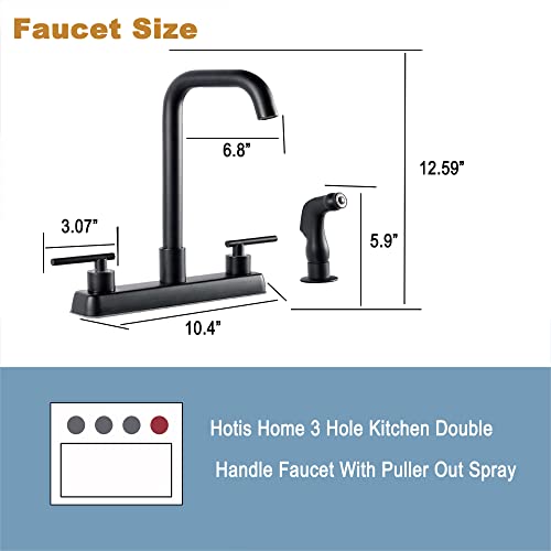 HOTIS HOME Kitchen Faucet with Sprayer, Matte Black 3 Or 4 Hole Kitchen Faucet, Stainless Steel Kitchen Faucets for Sink 3 Hole, High Arc 360 Swivel 2 Handle Kitchen Sink Faucet