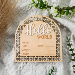 baby announcement sign, 5.5 inch wooden birth announcement sign hello world welcome newborn sign baby month milestones baby announcement plaque for girl boy photo prop baby shower nursery hospital