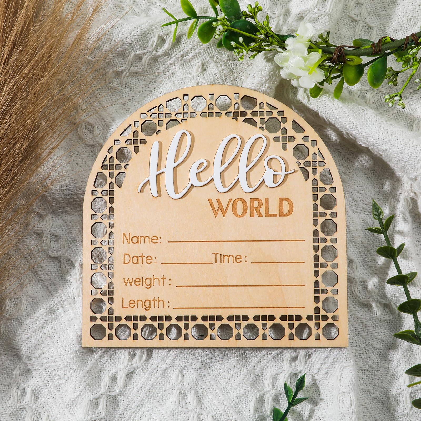 Baby Announcement Sign, 5.5 Inch Wooden Birth Announcement Sign Hello World Welcome Newborn Sign Baby Month Milestones Baby Announcement Plaque for Girl Boy Photo Prop Baby Shower Nursery Hospital