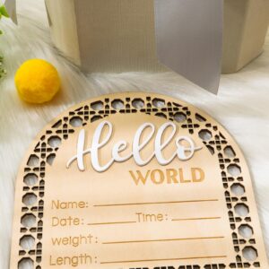 Baby Announcement Sign, 5.5 Inch Wooden Birth Announcement Sign Hello World Welcome Newborn Sign Baby Month Milestones Baby Announcement Plaque for Girl Boy Photo Prop Baby Shower Nursery Hospital