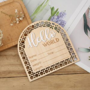 Baby Announcement Sign, 5.5 Inch Wooden Birth Announcement Sign Hello World Welcome Newborn Sign Baby Month Milestones Baby Announcement Plaque for Girl Boy Photo Prop Baby Shower Nursery Hospital