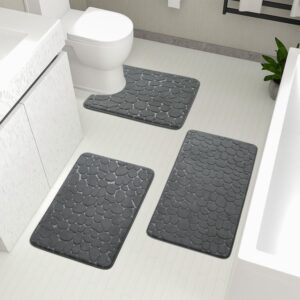 yihouse bathroom rugs sets 3 piece, cobblestone memory foam bathroom mats set extra thick, non slip bath mats for bathroom, water absorbent, washable dark grey bath rugs for tub, toilet and floor