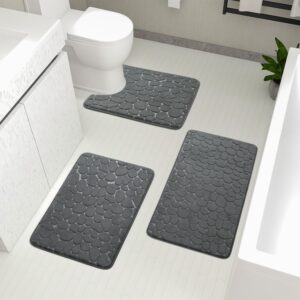 YIHOUSE Bathroom Rugs Sets 3 Piece, Cobblestone Memory Foam Bathroom Mats Set Extra Thick, Non Slip Bath Mats for Bathroom, Water Absorbent, Washable Dark Grey Bath Rugs for Tub, Toilet and Floor