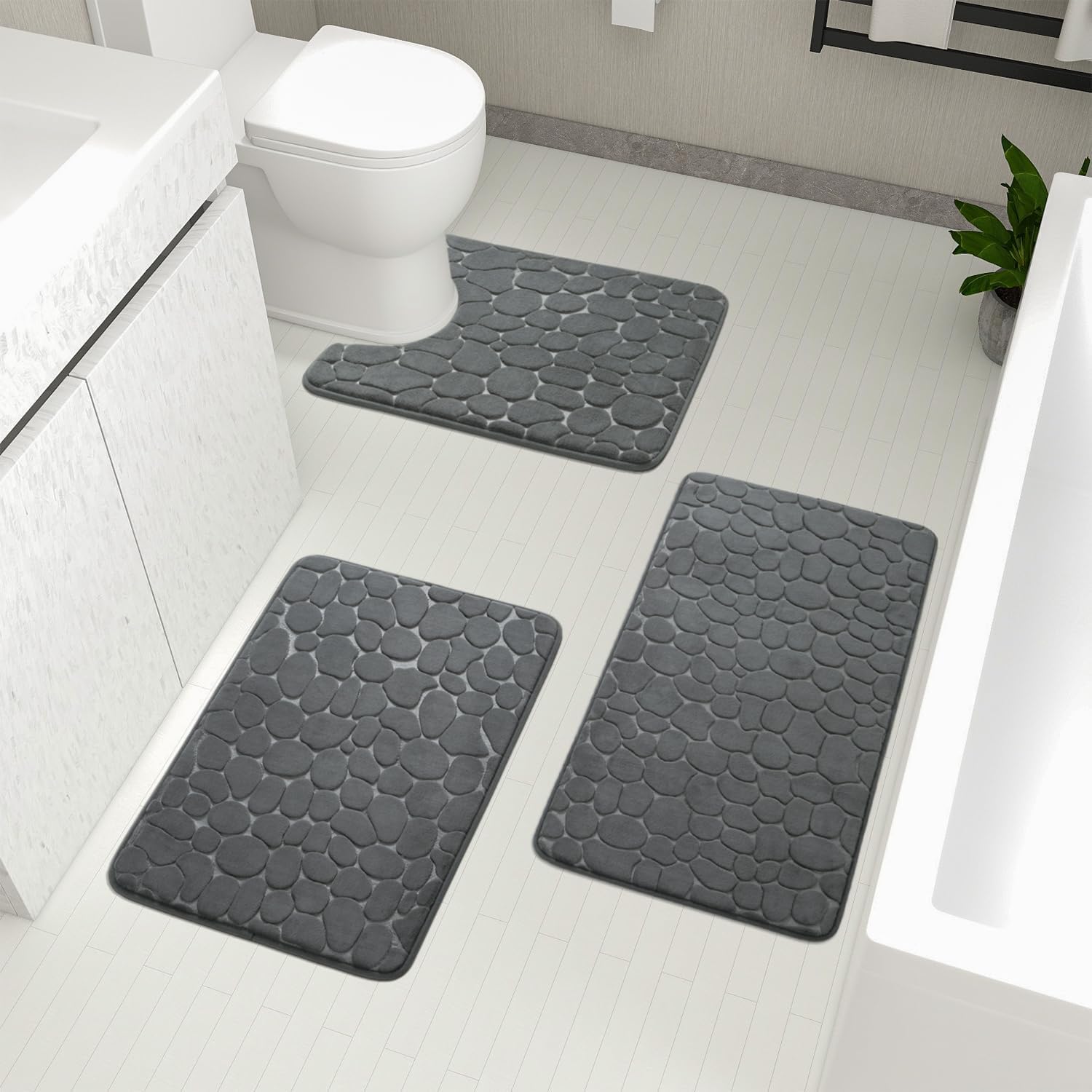 YIHOUSE Bathroom Rugs Sets 3 Piece, Cobblestone Memory Foam Bathroom Mats Set Extra Thick, Non Slip Bath Mats for Bathroom, Water Absorbent, Washable Dark Grey Bath Rugs for Tub, Toilet and Floor