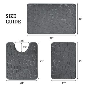 YIHOUSE Bathroom Rugs Sets 3 Piece, Cobblestone Memory Foam Bathroom Mats Set Extra Thick, Non Slip Bath Mats for Bathroom, Water Absorbent, Washable Dark Grey Bath Rugs for Tub, Toilet and Floor