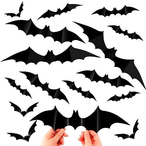 Halloween Bat Wall Stickers Halloween Decorations Indoor 65 Pack 3D Bat Stickers PVC Bats Wall Stickers Black Bat Wall Decals Halloween 3D Bats Decorations in 4 Sizes for Room Wall Window Door Decor