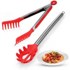 2 Pieces Spaghetti Spoon and Pasta Tong,Non-stick 13-Inch Silicone Spaghetti Fork and 9.8-Inch Stainless Steel Handle Spaghetti Tong Food Clip for Spaghetti Noodle (Red)