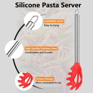 2 Pieces Spaghetti Spoon and Pasta Tong,Non-stick 13-Inch Silicone Spaghetti Fork and 9.8-Inch Stainless Steel Handle Spaghetti Tong Food Clip for Spaghetti Noodle (Red)