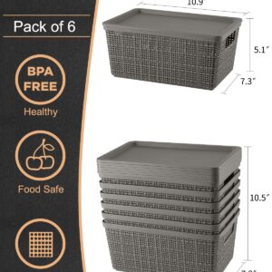 EOENVIVS Plastic Storage Basket with Lids Set of 6 Lidded Storage Bins Shelf Baskets for Organizing Containers Small Baskets for Shelves Drawers Desktop Closet Playroom Classroom Office, Grey