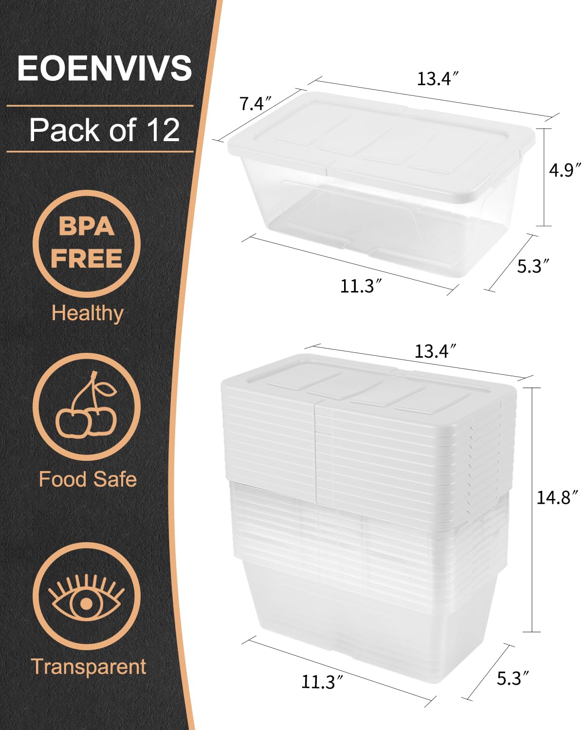 EOENVIVS Plastic Storage Bins 12 Pack Plastic Storage Container with Snap Lids, Stackable Shoe Organizer Boxes Storage Baskets for Organizing Closet Organizers and Storage, Clear+White