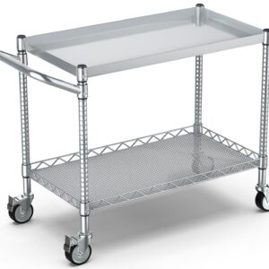 Leteuke 2 Tier Utility Cart with Wheels, NSF Certified 900LBS Capacity Heavy Duty Rolling Utility Carts with Handle Bar, Commercial Grade Metal Serving Storage Cart for Warehouse Garage Kitchen,Silver