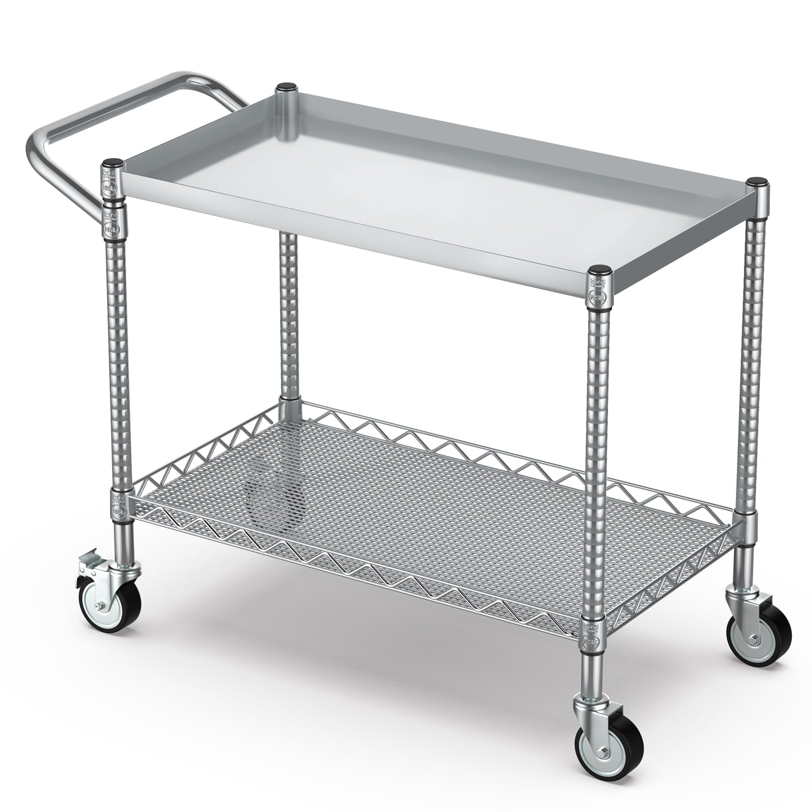 Leteuke 2 Tier Utility Cart with Wheels, NSF Certified 900LBS Capacity Heavy Duty Rolling Utility Carts with Handle Bar, Commercial Grade Metal Serving Storage Cart for Warehouse Garage Kitchen,Silver