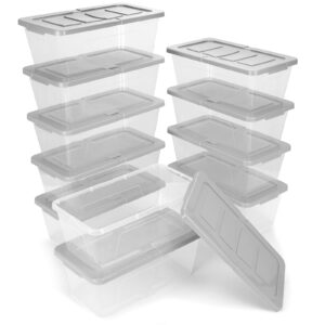 eoenvivs plastic storage container 12 pack plastic storage bins with lids, stackable shoe organizer boxes storage baskets for organizing closet organizers and storage, clear+grey