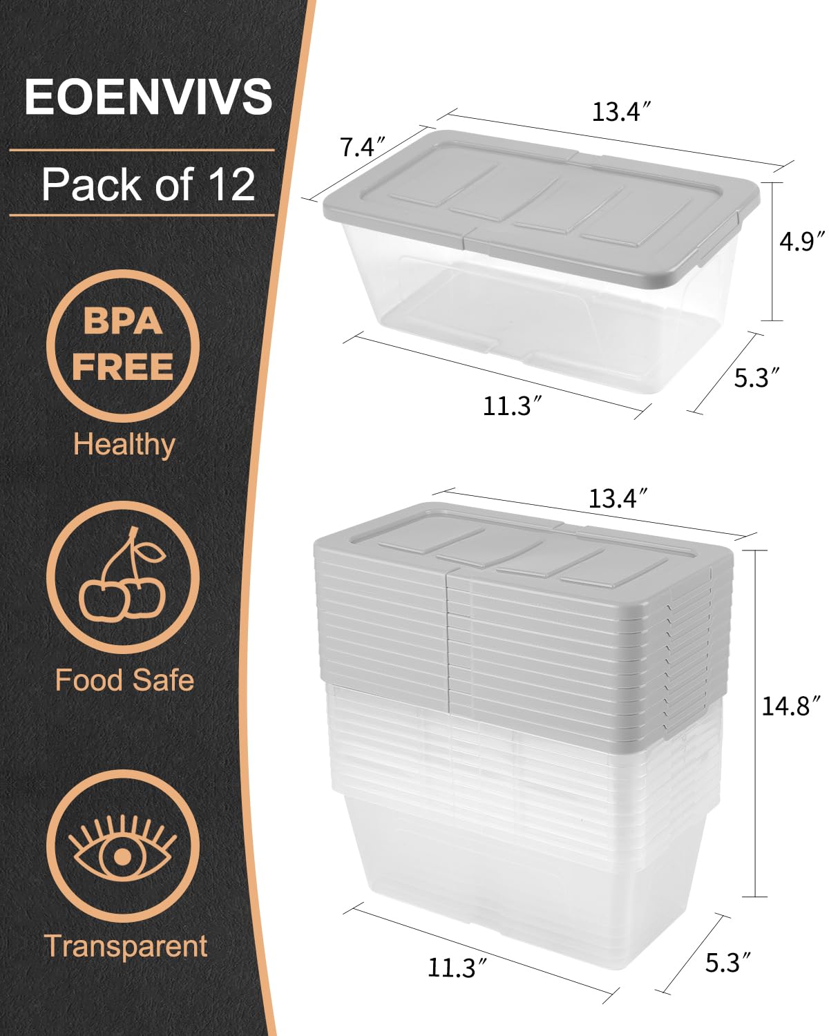 EOENVIVS Plastic Storage Container 12 Pack Plastic Storage Bins with Lids, Stackable Shoe Organizer Boxes Storage Baskets for Organizing Closet Organizers and Storage, Clear+Grey