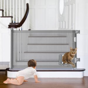 grownsy retractable baby gates, pet gate with cat door - 33" tall, extends to 55" wide dog gate for stairs, mesh baby gate with door for cats/small dogs, easy install for doorways, indoor &outdoor