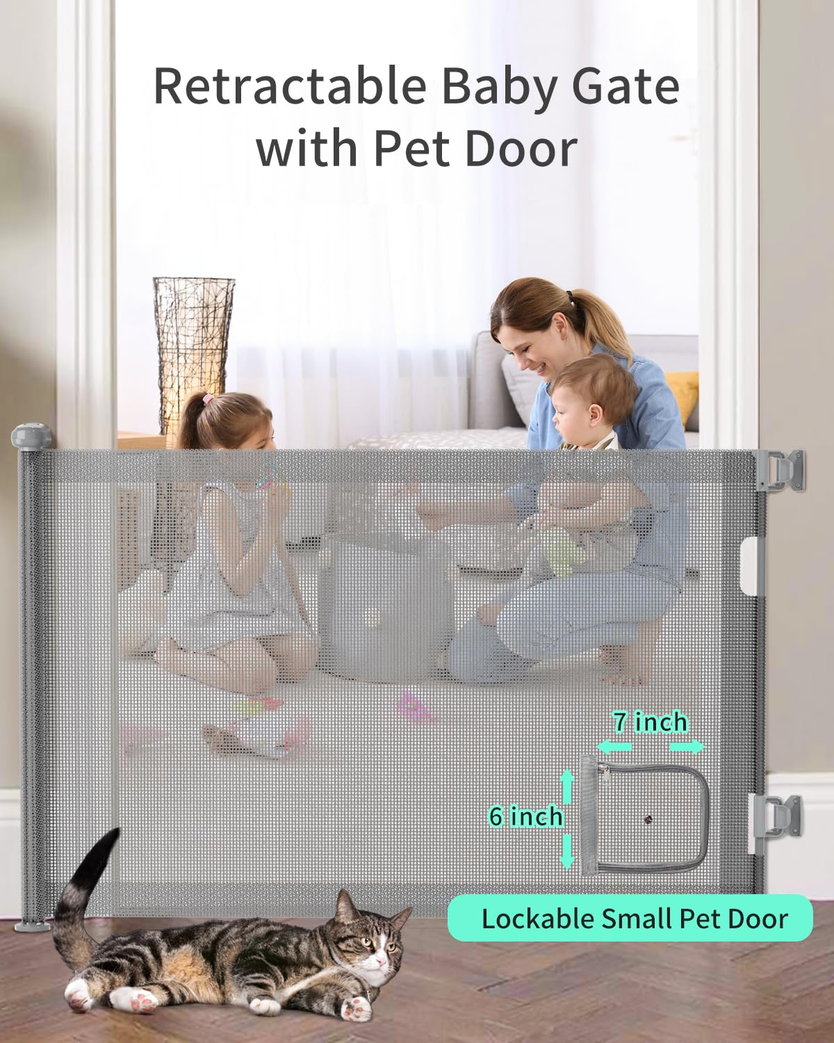 GROWNSY Retractable Baby Gates, Pet Gate with Cat Door - 33" Tall, Extends to 55" Wide Dog Gate for Stairs, Mesh Baby Gate with Door for Cats/Small Dogs, Easy Install for Doorways, Indoor &Outdoor