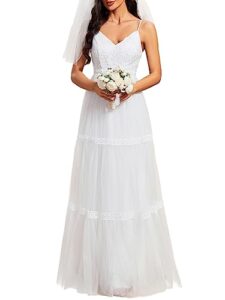 ever-pretty women's simple v-neck spaghetti strap beach ball gowns for wedding white us16