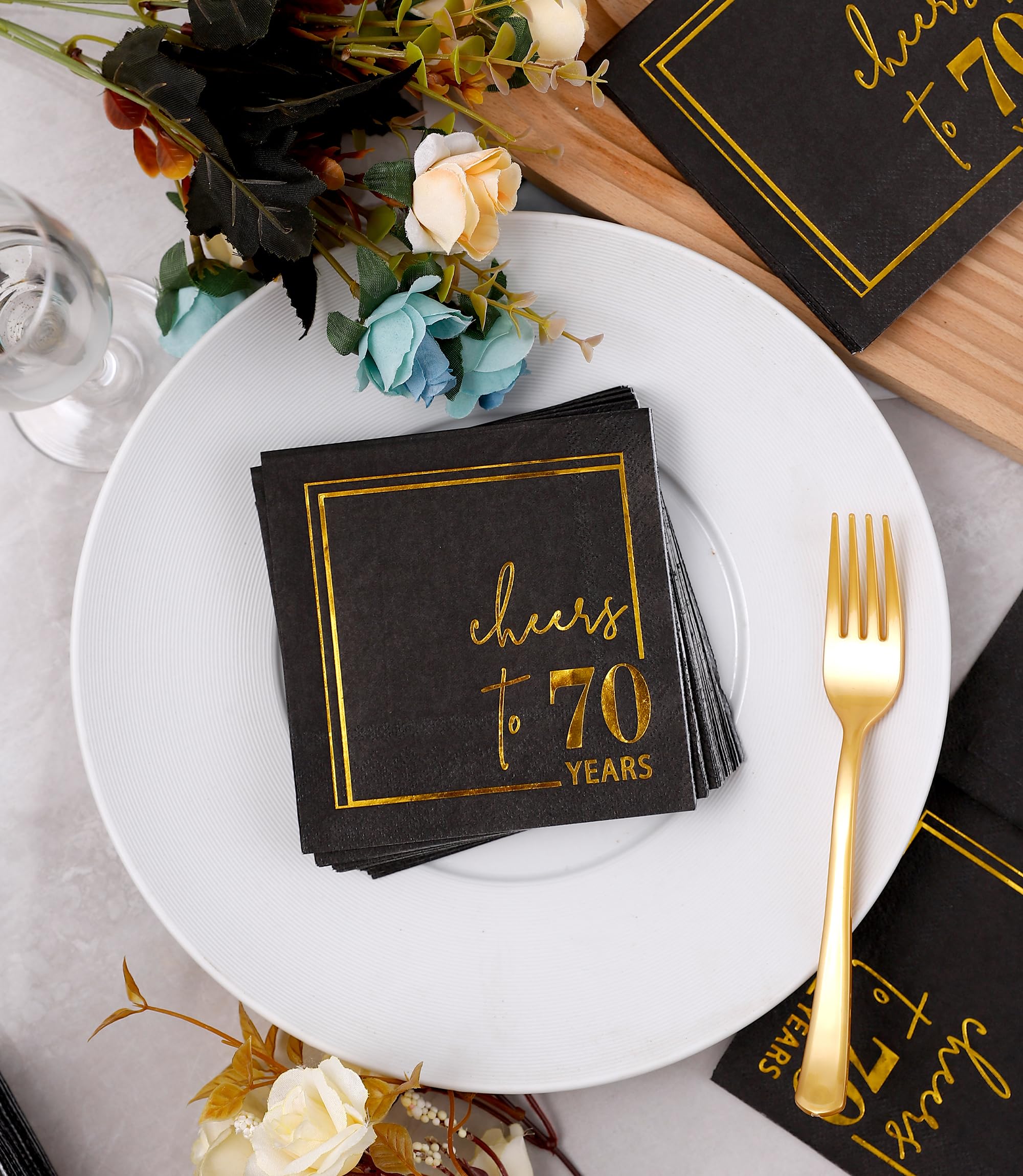 Cheers to 70 Years Cocktail Napkins - 50PK - 3-Ply 70th Birthday Napkins 5x5 Inches Disposable Party Napkins Paper Beverage Napkins for 70th Birthday Decorations Wedding Anniversary Black and Gold