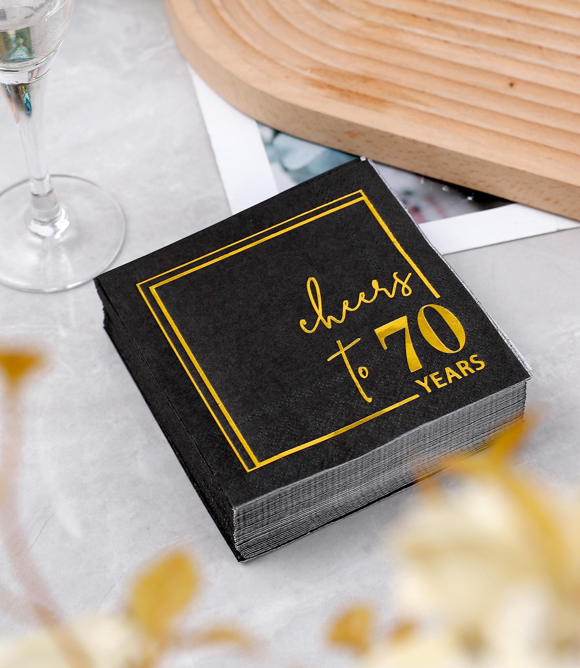 Cheers to 70 Years Cocktail Napkins - 50PK - 3-Ply 70th Birthday Napkins 5x5 Inches Disposable Party Napkins Paper Beverage Napkins for 70th Birthday Decorations Wedding Anniversary Black and Gold
