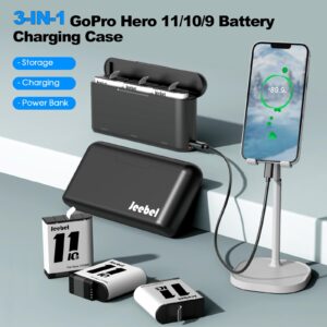 Battery Charger for GoPro HERO12/HERO11/HERO10/HERO9 Support Reverse Charging + 2 Pack Batteries Compatible with Original Gopro Hero 12/11/10/9 Camera