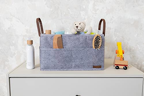 Pazar Kapısı Felt Mixed Fabric Baby Diaper Caddy Organizer 9 Compartments With Leather Handles - Baby Clothes Organizer - Nursery Storage Bin and Car Organizer for Diapers And Baby Wipes (grey)