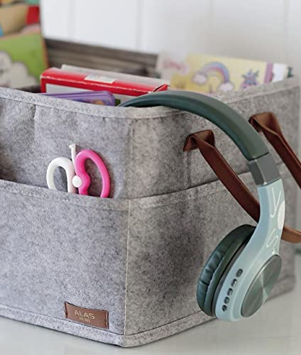 Pazar Kapısı Felt Mixed Fabric Baby Diaper Caddy Organizer 9 Compartments With Leather Handles - Baby Clothes Organizer - Nursery Storage Bin and Car Organizer for Diapers And Baby Wipes (grey)