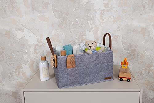 Pazar Kapısı Felt Mixed Fabric Baby Diaper Caddy Organizer 9 Compartments With Leather Handles - Baby Clothes Organizer - Nursery Storage Bin and Car Organizer for Diapers And Baby Wipes (grey)