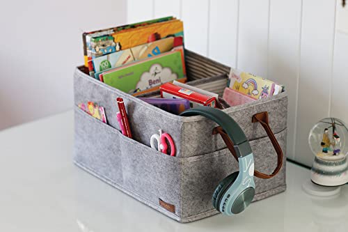 Pazar Kapısı Felt Mixed Fabric Baby Diaper Caddy Organizer 9 Compartments With Leather Handles - Baby Clothes Organizer - Nursery Storage Bin and Car Organizer for Diapers And Baby Wipes (grey)