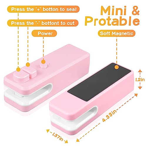 Therwen 2 Pcs Mini Heat Sealer, Mini Bag Sealer with Magnet, Bag Sealer with Cutter, 3 in 1 Mini Heat Sealer for Chip Bags, Snack Bags Keep Food Chips Cookies Fresh, USB Charging, Pink