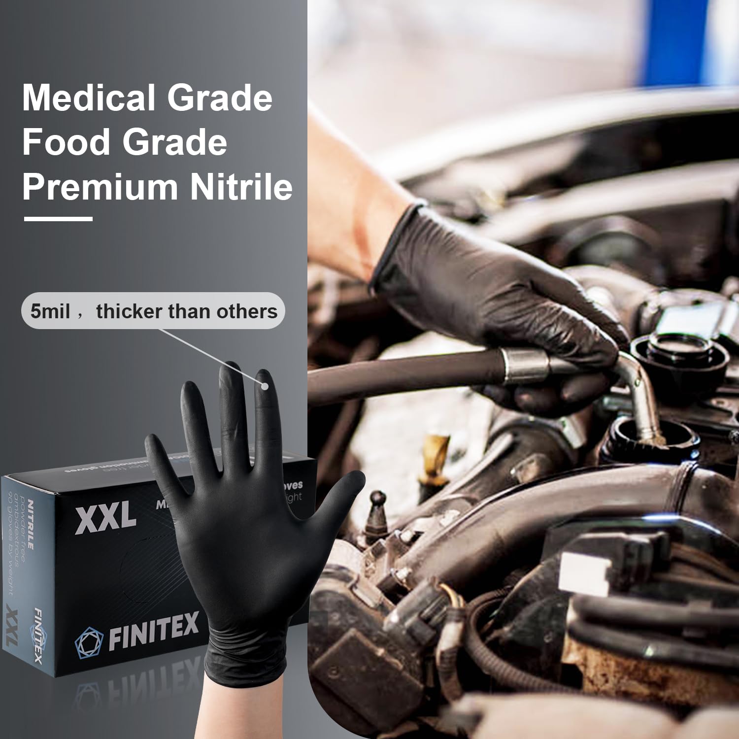 FINITEX - Black Nitrile Disposable Gloves, 5mil, Powder-free, Medical Exam Gloves Latex-Free 100 PCS For Cleaning Food Gloves (XX-Large (Pack of 90))