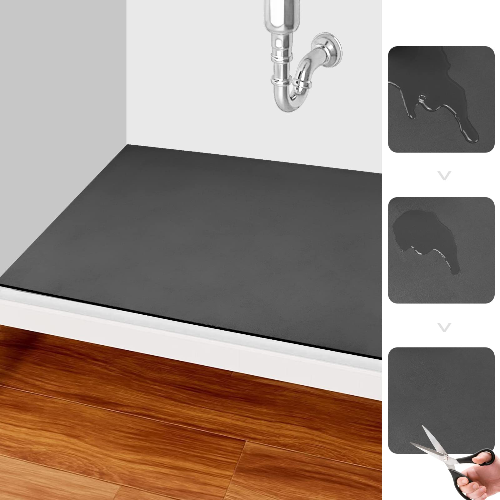 Under Sink Mat for Kitchen Super Absorbent, Quick Dry Kitchen Bathroom Cabinet Mat, 34" X 22" Or Smaller Cut to Fit Under Sink Drip Tray, Under Sink Liner Easy to Clean- Dark Grey