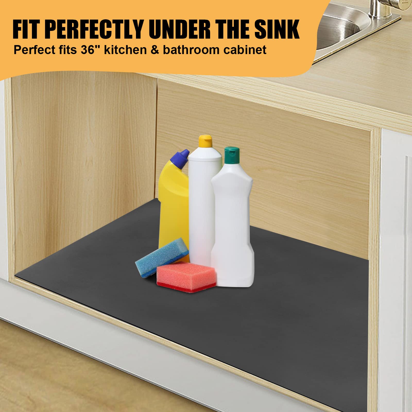 Under Sink Mat for Kitchen Super Absorbent, Quick Dry Kitchen Bathroom Cabinet Mat, 34" X 22" Or Smaller Cut to Fit Under Sink Drip Tray, Under Sink Liner Easy to Clean- Dark Grey