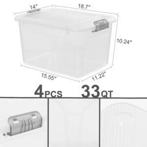 Citylife 33 QT Plastic Storage Bins with Secure Lids Stackable Storage Containers with Grey Latches Pack of 4 Clear Storage Box for Organizing Closet, Garage