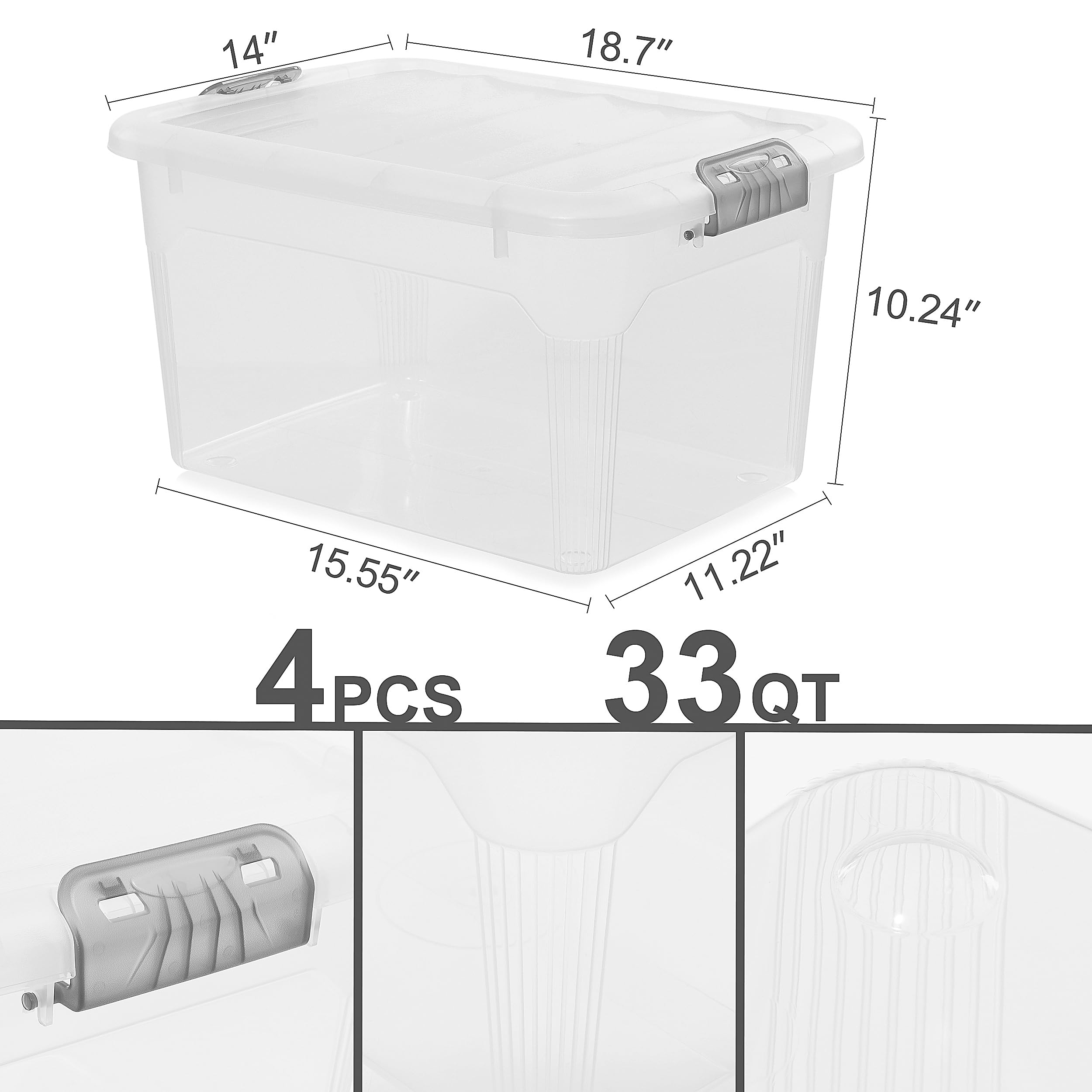 Citylife 33 QT Plastic Storage Bins with Secure Lids Stackable Storage Containers with Grey Latches Pack of 4 Clear Storage Box for Organizing Closet, Garage