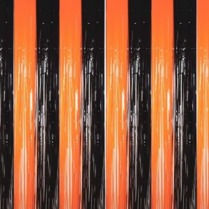 dazzle bright 4 pack backdrop curtain, 3ft x 8ft metallic tinsel foil fringe curtains photo booth background for baby shower birthday wedding halloween party decorations (orange and black)