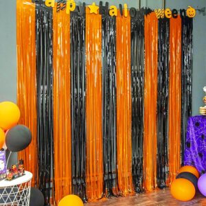 Dazzle Bright 4 Pack Backdrop Curtain, 3FT x 8FT Metallic Tinsel Foil Fringe Curtains Photo Booth Background for Baby Shower Birthday Wedding Halloween Party Decorations (Orange and Black)