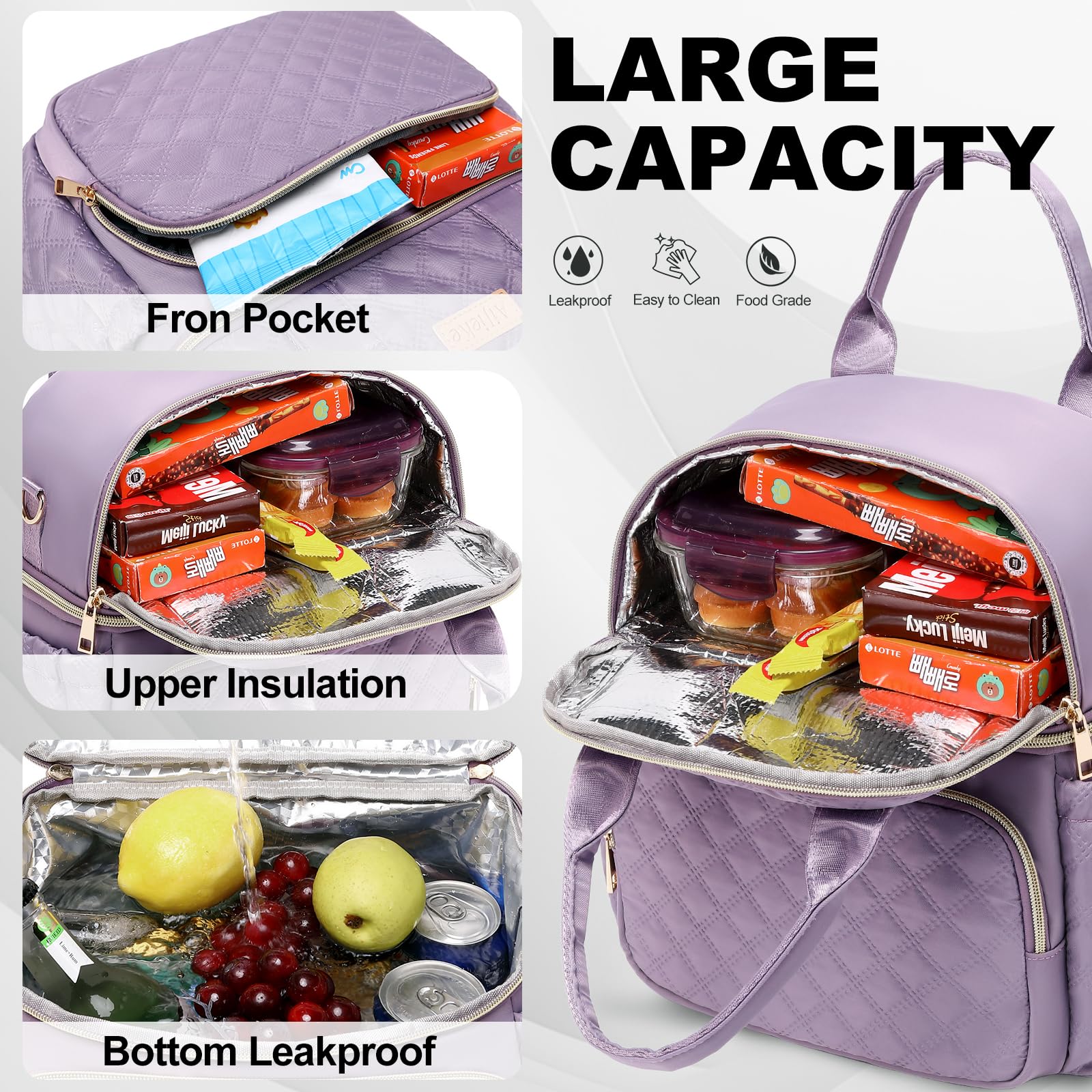 AIJIEKE Lunch Bag for Women, Work Lunch Box Insulated Lunch Bag, Double Deck Lunch Bag, Large Leakproof Lunch Tote Cooler Bag with Side Pockets & Adjustable Strap for Picnic, Light Purple