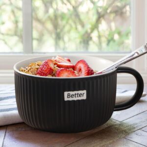 Artena 38 Ounce Soup Bowl with Handles, 6 inch Jumbo Soup Mug with Handles, Wide Large Cereal Bowl for Oatmeal, Gumbo, Salad, Oversized Black Glazed Ceramic Soup Cup, Microwave & Oven Safe