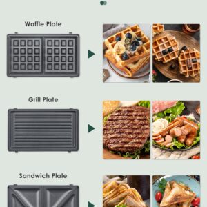 Reemix 3-in-1 Waffle, Grill & Sandwich Maker, Panini Press Grill and Waffle Iron Set with Removable Non-Stick Plates, Perfect for Cooking Grilled Cheese, Tuna Melts, Burgers, Steaks and Snacks, Black (3 in1 Sandwich Maker All Stainless Steel)