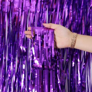 Dazzle Bright 4 Pack Backdrop Curtain, 3FT x 8FT Metallic Tinsel Foil Fringe Curtains Photo Booth Background for Baby Shower Birthday Wedding Halloween Party Decorations (Purple)