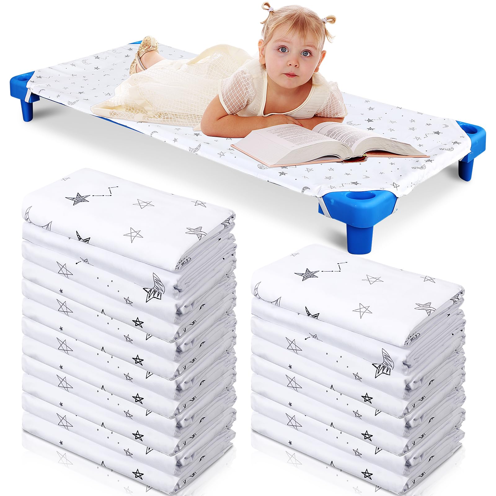 20 Pcs Daycare Cot Sheets for Toddler and Preschool Pure Cotton Breathable Fabric White Cot Sheets Standard Daycare Cot Bed Fitted Sheet for Boys and Girls, 51.18'' W x 23.62'' L (Star Moon Style)